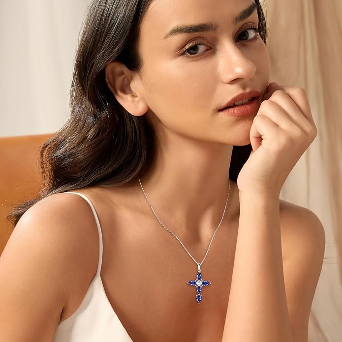 Cross Necklace for Women 925 Sterling Silver Teardrop Birthstone Pendant Religious Jewelry Gifts for Women