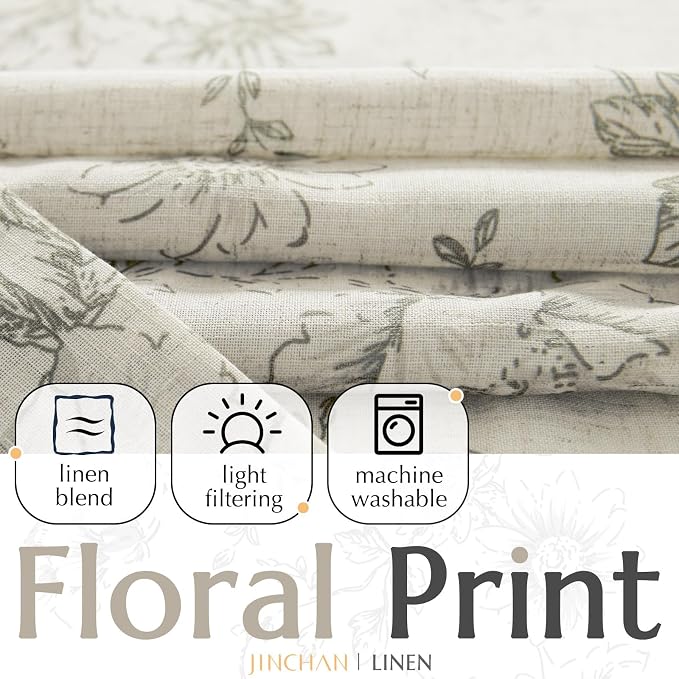 jinchan Gray Floral Linen Curtains Lined 63 Inch Vintage Back Tab 2 Panels | Privacy lining, light filtering drapes, vintage, cottagecore, french country, rustic, bedroom, living room, window treatment