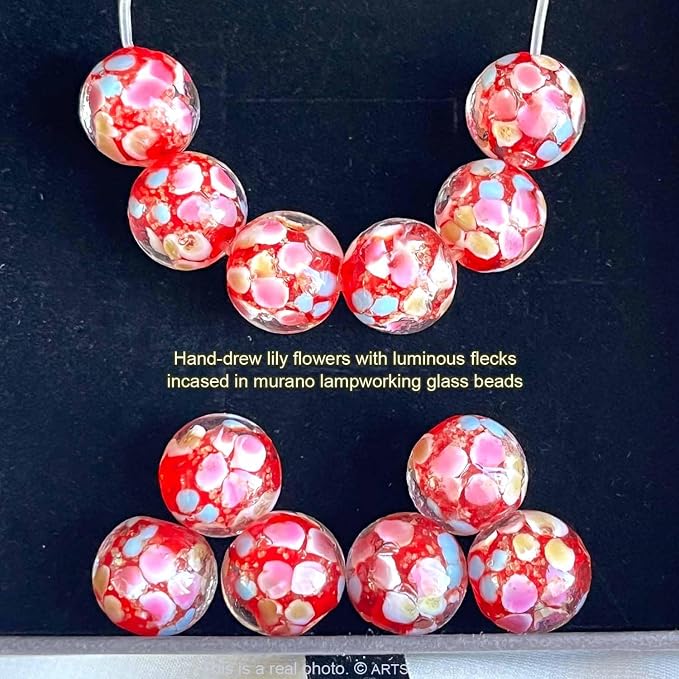Artsy Crafts 12 Pcs Lily Flower Glow in The Dark Firefly Beads, 12mm European Lampwork Luminous Glass Beads for Jewelry Making Charm Bracelet Necklace Earrings Crafts (Lily - Red)