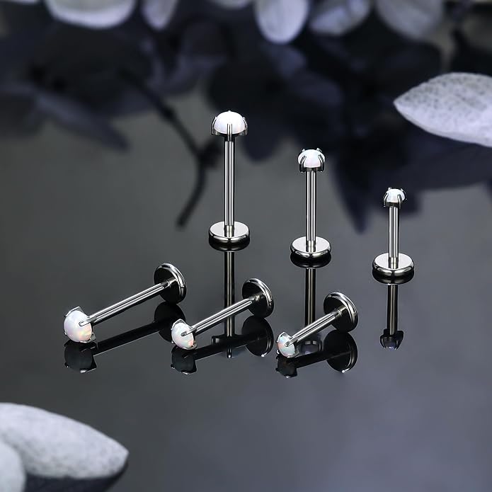 Ruifan Titanium Flat Back Lip Rings Externally Threaded Earrings Studs Nose Rings 20G 18G 16G Round Opal Tragus Cartilage Lobe Rook Helix Conch Labret Medusa Piercing Jewelry for Women Men