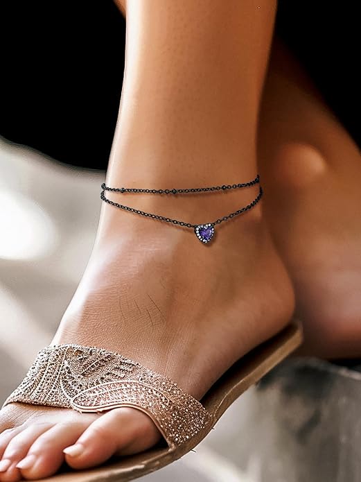 Richsteel Double Layer Heart/Butterfly Birthstone Anklet for Women Non Tarnish Waterproof, Silver/Gold/Black Stainless Steel 8.5-10.5 Inch Adjustable Chain Anklets Jewelry Gifts for Her