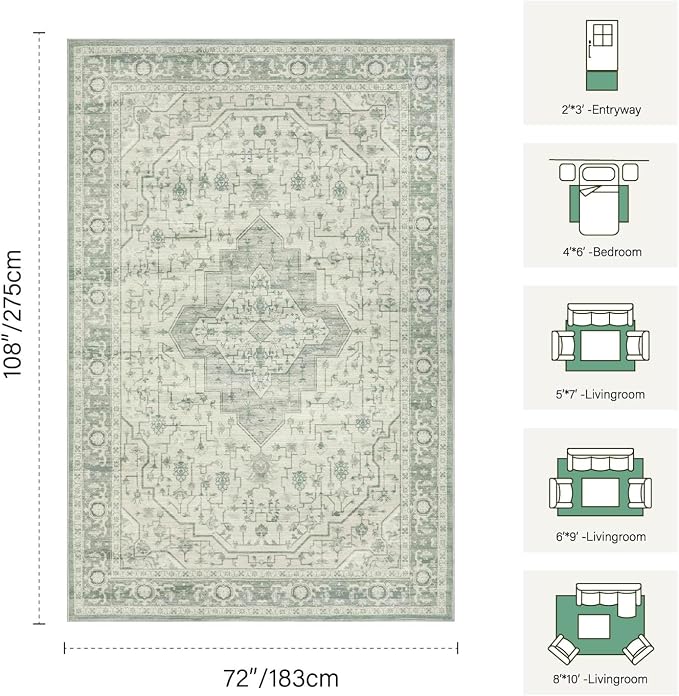 Rugxara 6x9 Washable Area Rug for Living Room, Vintage Large Boho Rugs for Office, Dining Room, Kids Room, Farmhouse, Durable Low Pile Non Slip Carpet for High Traffic Areas, Sage Green