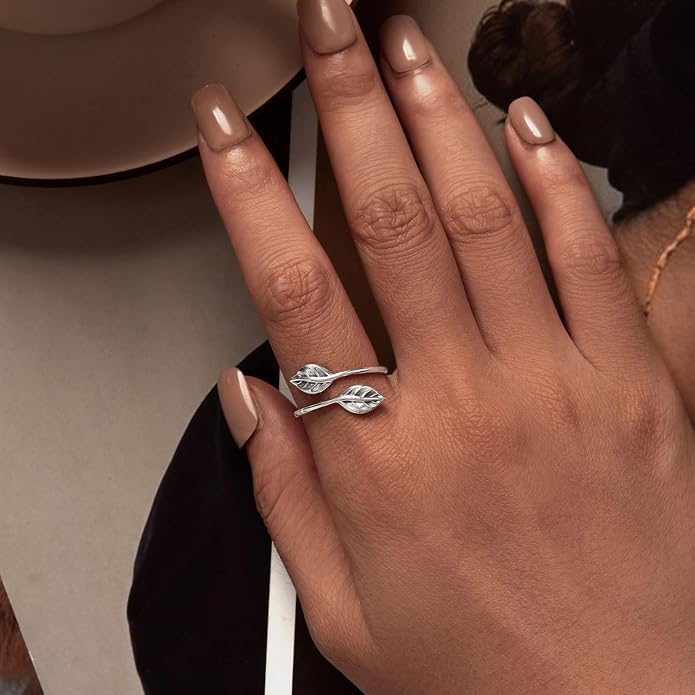 MUNDELL 925 Sterling Silver Simple Multi-layer Leaf Adjustable Ring Green Lucky Leaves Statement Ring for Women Promise Ring Fine Jewelry