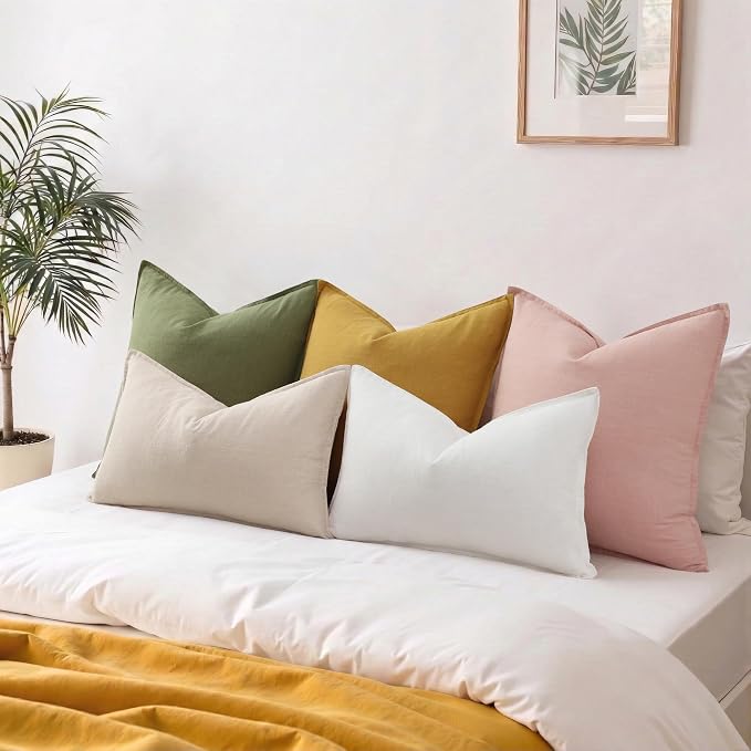 decorUhome Fall Beige Linen Throw Pillow Covers 12x20 Set of 2 | Decorative Soft Cozy Modern Farmhouse Boho Accent Pillow Cases with Flange Edges for Couch Bed Sofa Living Room Home Decor