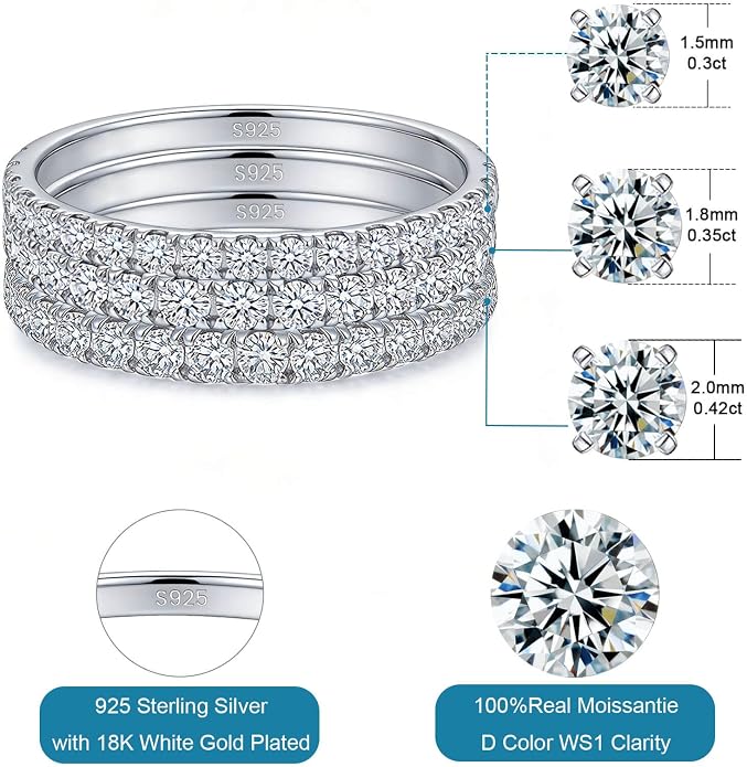 WES 1.5/1.8/2.0mm Moissanite Wedding Band - 925 Sterling Silver Half Eternity Round Stackable Moissanite Engagement Rings Anniversary Wedding Rings for Women, Size 4-11
