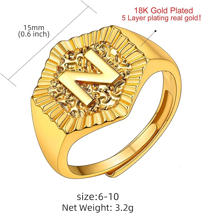 KeyStyle Bold Initial Letter Rings Adjustable, GoldChic Jewelry Women Gold Statement Ring Personalized Engraved Women’s Open Signet Ring for Party (Gold, White Gold, Black)