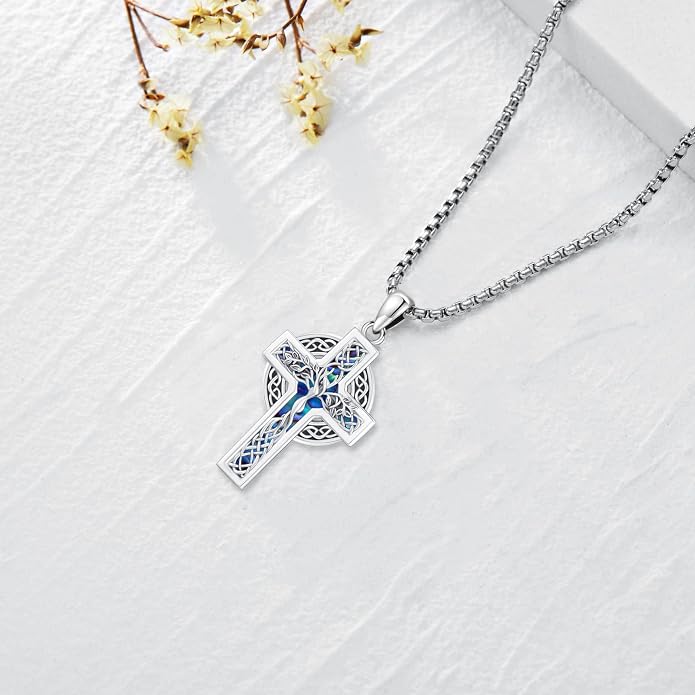 Celtic Cross Tree of Life Necklace for Women Sterling Silver Thor Hammer Tree of Life Pendant Irish Knot Cross Amulet Tree of Life Jewelry