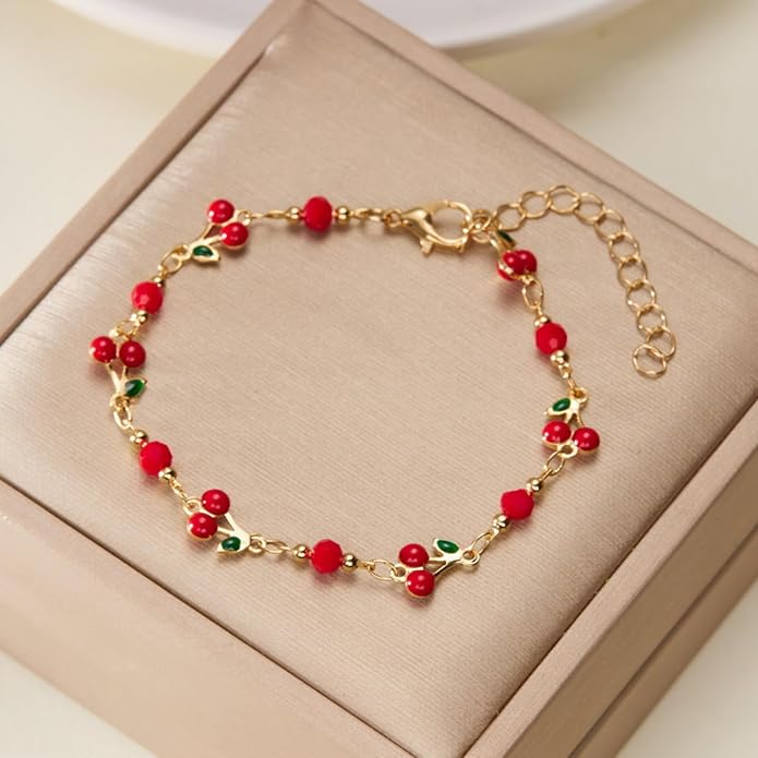 Cherry Bracelet for Women Gold Evil Eye Link Bracelet Dainty Flower Daisy Bracelets Pearl Butterfly Heart Charm Bracelets Adjustable Summer Beach Jewelry