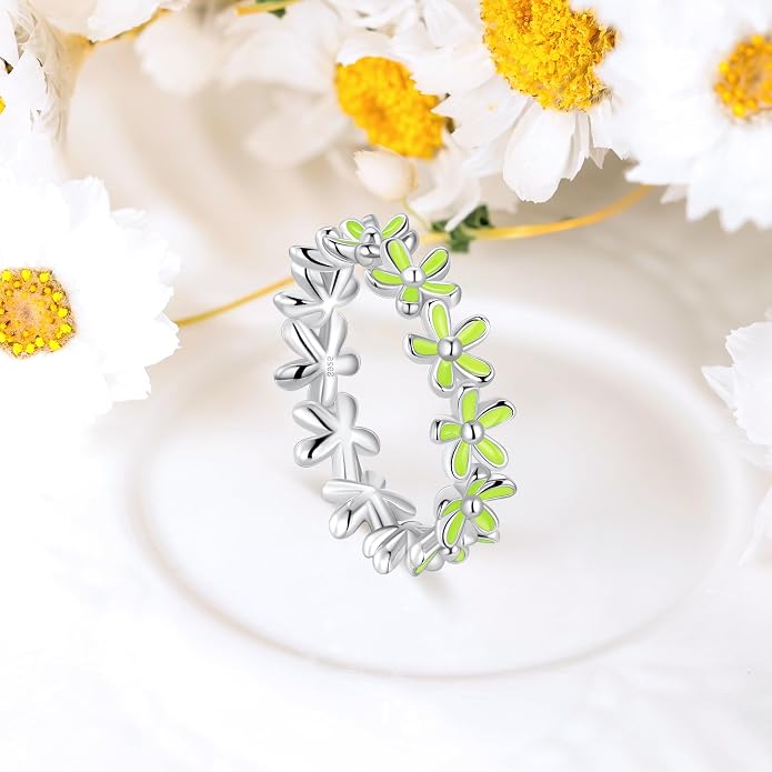 S925 Sterling Silver Dainty Daisy Flower Rings for Women, I Think Of You Every Daisy, 12 Month Birth Flower Ring