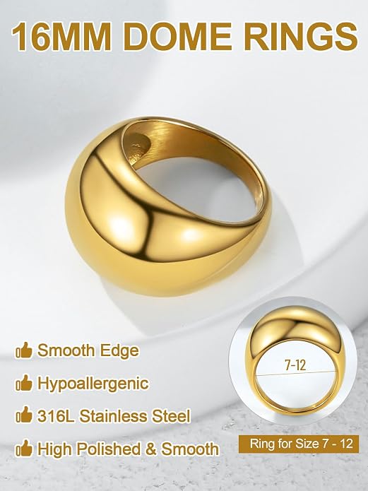 GOLDCHIC JEWELRY Chunky Dome Ring for Women, Stainless Steel Bold Stacking Croissant Statement Ring For Men (Size 7-12, Custom)