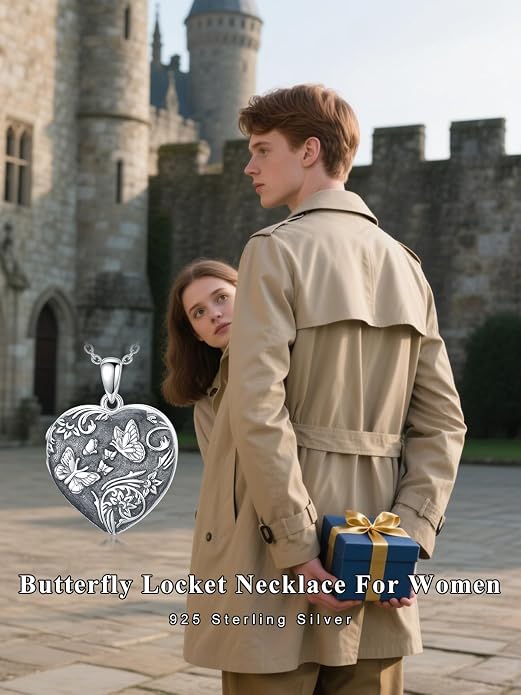 Locket Pendant Necklace for Women, 925 Sterling Silver Dainty Photo Necklace, Christmas Valentine's Day Mother's Day Memorial Jewelry Gifts (With Gift box)