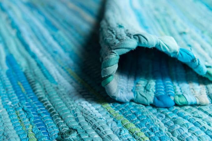 Unique Loom Chindi Cotton Collection Soft Hand Woven Natural Fiber Striped Area Rug, 2 ft 2 in x 3 ft, Turquoise/Ivory