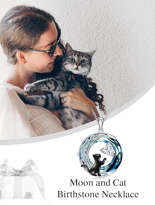 TOUPOP Cat Gifts for Cats Lovers 925 Sterling Silver Black Cat Necklace Celtic Moon Birthstone Jewelry for Women Anniversary Birthday Gift for Her Wife Mom