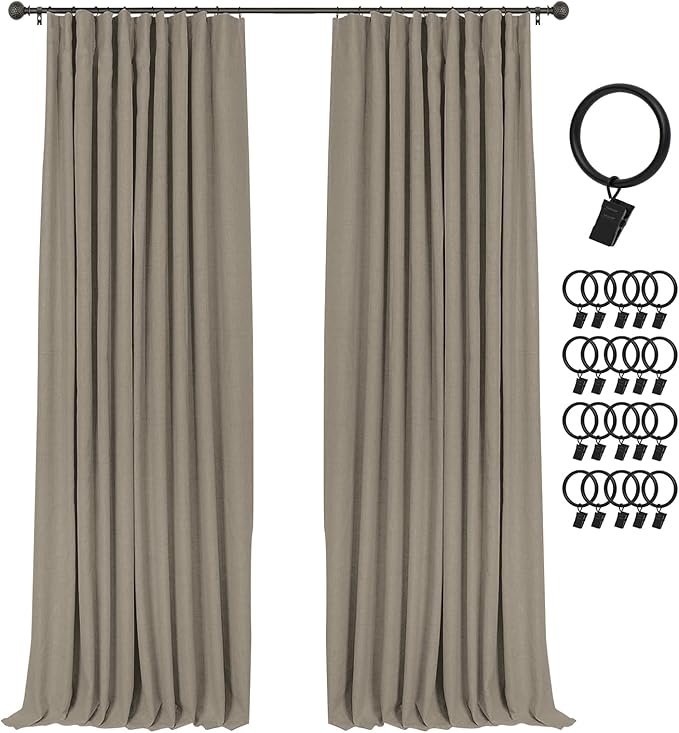 INOVADAY 100% Blackout Curtains for Bedroom, Faux Linen Black Out Curtains 84 Inch Long, Clip Rings Linen Blackout Drapes, Thermal Insulated Room Darkening for Living Room, 2 Panels - W50xL84
