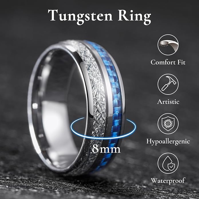 King Will Tungsten Rings for Men Meteorite Carbon Fiber Wood Inlay Mens Wedding Engagement Band Domed Polished