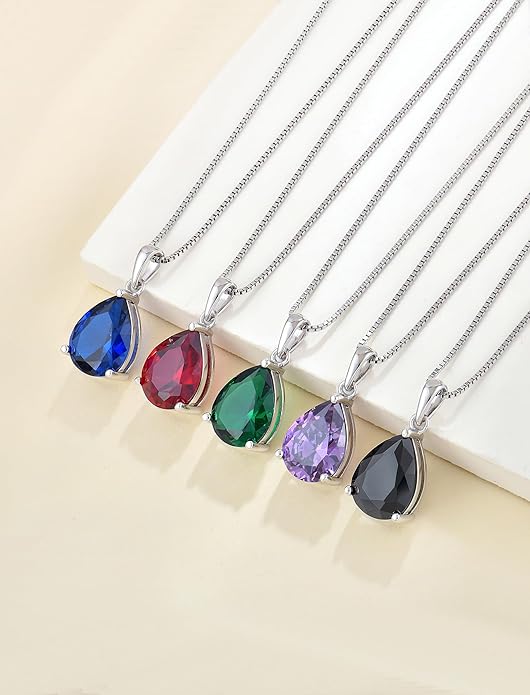 YL Teardrop Necklace 925 Sterling Silver Solitaire Pendant 9x12 MM Pear Cut Multicolored Birthstone Jewelry for Women