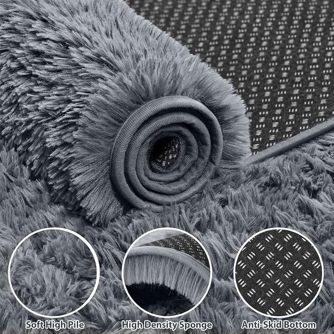 Area Rug for Living Room Bedroom: 4x6 Soft Fluffy Shag Rugs Upgrade Non-Slip High Pile Carpet Large Fuzzy Plush Indoor Floor Shaggy Carpets for Nursery Kid Playroom Office Dorms Home Decor Light Gray