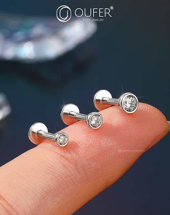 OUFER 925 Sterling Silver Helix Earrings Studs, 16G Flat Back Earrings, Silver Internally Threaded Cartilage Earrings Stud, Clear CZ Lip Rings, Ear Piercing Jewelry for Women Men