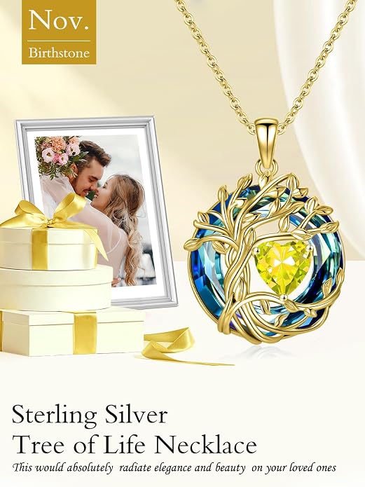 TOUPOP Tree of Life Birthstone Necklace Sterling Silver Pendant Birthstone Necklaces with Blue Crystal Anniversary Birthday Jewelry for Women Mom Wife Her
