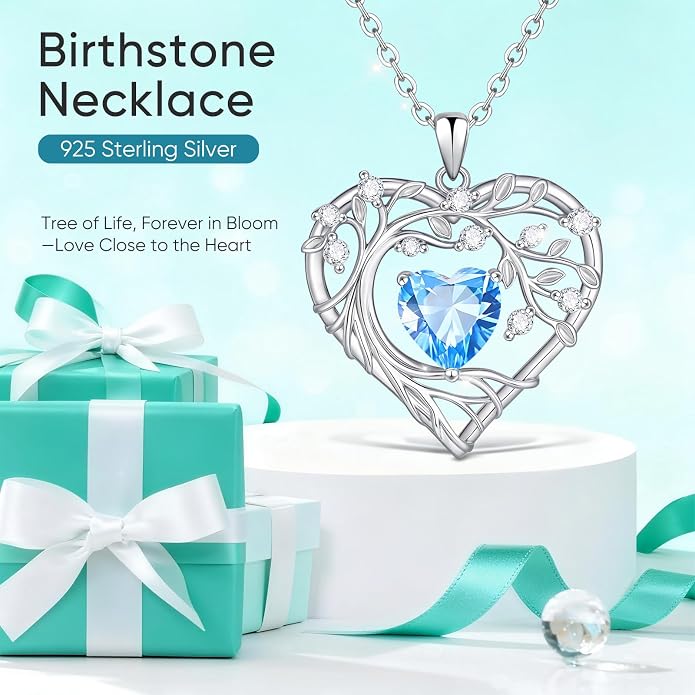 Tree of Life Birthstone Pendant Necklace - 925 Sterling Silver Heart Cubic Zirconia Diamond Women Pendant Necklaces for Her Daughter Girlfriend Birthday Gift Ideas for Wife Mom for Valentines Day