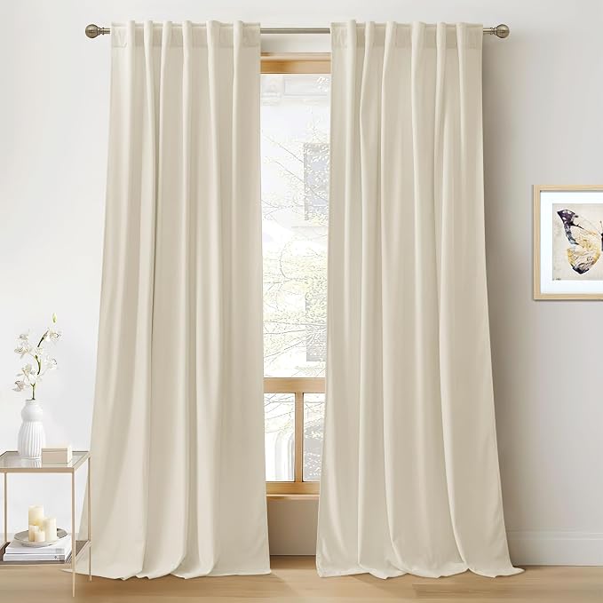 RYB HOME Beige Velvet Curtains for Bedroom Living Room, Thermal Insulated Privacy UV Heat Blocking Luxurious Soft Rod Pocket Back Tab Drapes for Nursery, 42" W x 63" L, 2 Panels