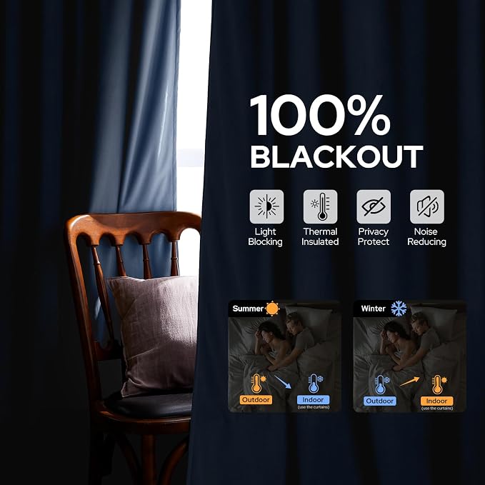 HOMEIDEAS 100% Blackout Blue Velvet Curtains, Thermal Noise Reduction Soft Luxury Vintage Christmas Velvet Curtains for Bedroom Decor, Living Room, Home, 52 X 96 Inch, 2 Panels