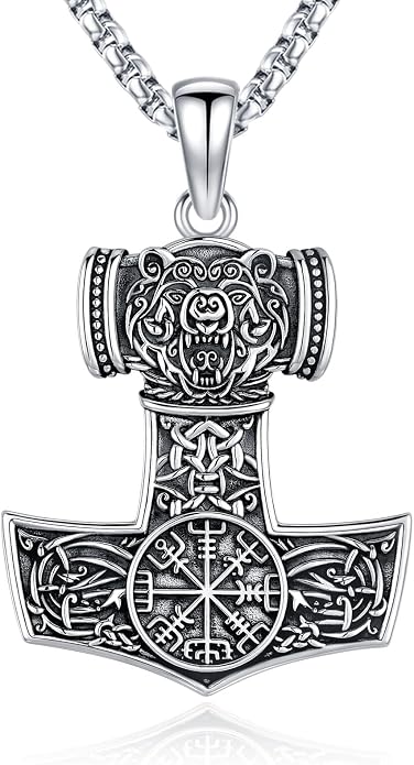 Eusense Viking Necklace for Men Women 925 Sterling Silver Pendant Thors Hammer/Norse Runes/Odin's Ravens/Wolf/Dragon/Snake/Yggdrasil/Freya/Helm of Awe/Valknut/Triskelion/Axe/Shield Viking Jewelry