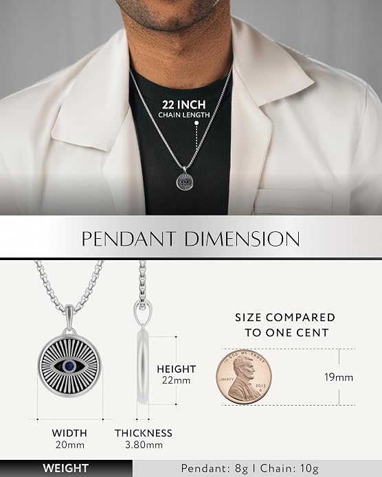 RTZN® Pendant Necklace for Men – Premium Stainless Steel Silver Pendant Necklace with 22" Chain – Waterproof & Non-Tarnish Small Pendants for Men – Bold Symbols of Strength & Legacy