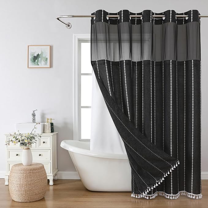 eachope No Hook Extra Long Shower Curtain Set with Snap-in Liner,Linen Textured Thick Striped Fabric with Tassels,Boho Chic Modern Farmhouse Bathroom Curtain,Water-Repellent,Black,71x86