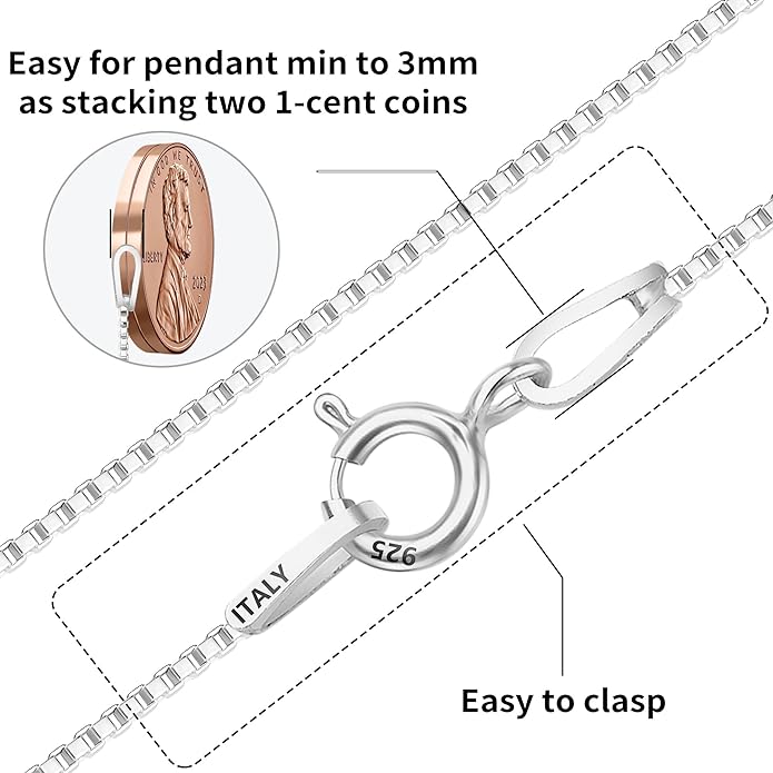 ASHINE "Pendant Ready Sterling Silver Box Chain Necklace for Women, 1mm 0.8mm Dainty & Sturdy 925 Silver Necklace Available in 16-36 Inch