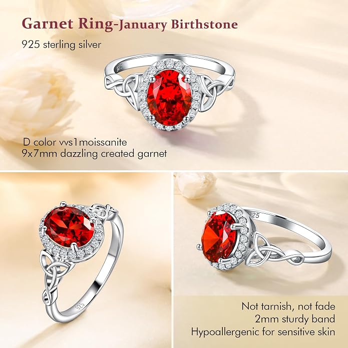 DAYBYDAY Celtic Birthstone Rings for Women 925 Sterling Silver Heart/Round/Pear/Oval Created Gemstone Moissanite Halo Engagement Promise Rings for Her Wife Birthday Anniversary Wedding Jewelry