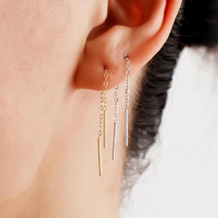 2 Pairs S925 Sterling Silver Chain Threader Earrings For Women Bar Wrap Threader Dangle Drop Earrings Lightweight Minimalist Hypoallergenic Earrings Anniversary Jewelry