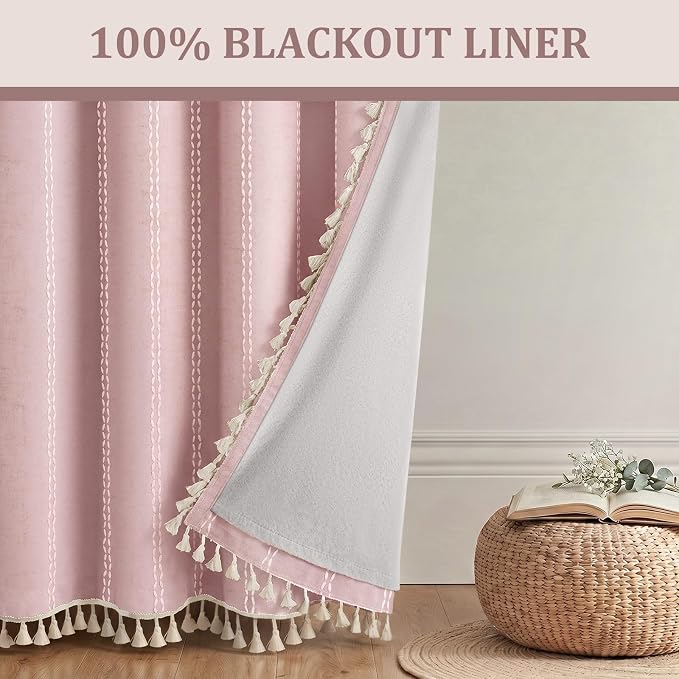 Pink Boho Blackout Curtains 2 Panels 84 Inch for Living Room Bedroom, Linen Texture Farmhouse Curtains with Tassels and White Cotton Embroidery Vintage Rustic Country Western