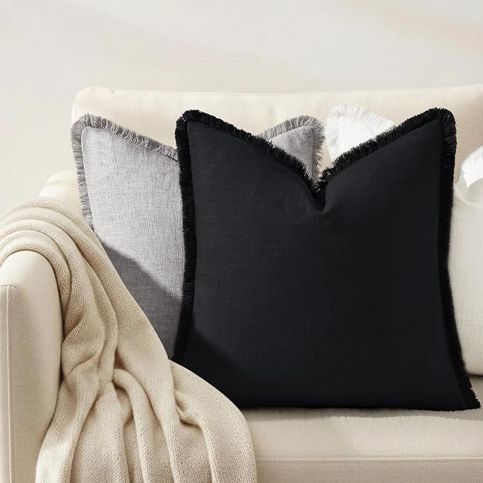 decorUhome Linen Fringe Black Throw Pillow Covers 26x26 Set of 2 | Euro Sham Decorative Soft Accent Modern Boho Farmhouse Cushion Covers with Tassels Cotton Pillow Covers for Couch Bed Sofa