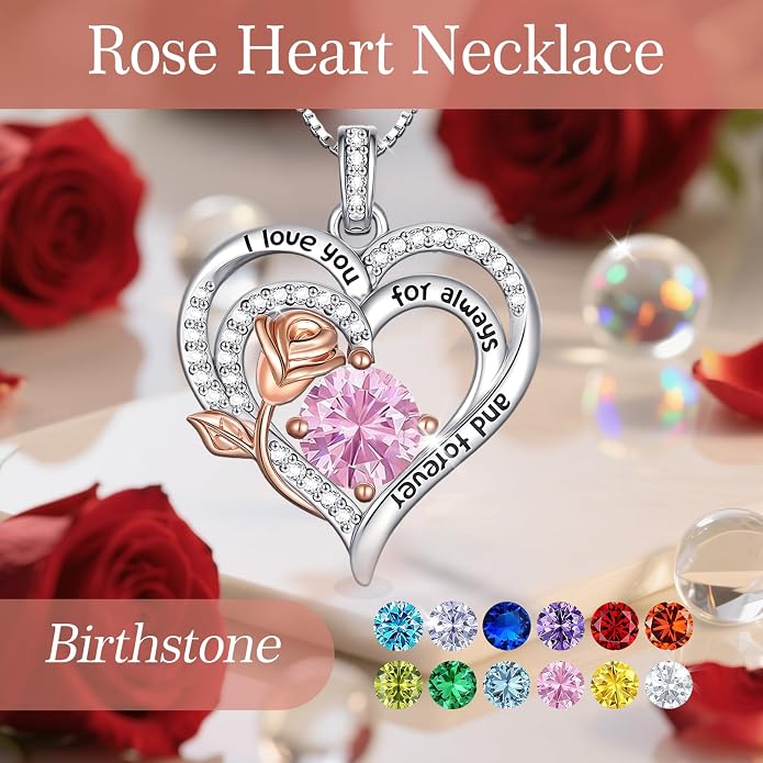 Birthstone Heart Necklaces for Women 925 Sterling Silver Fine Jewelry Rose Pendant Necklace Anniversary Birthday Mothers Day Gifts Her Wife Women Mom Daughter