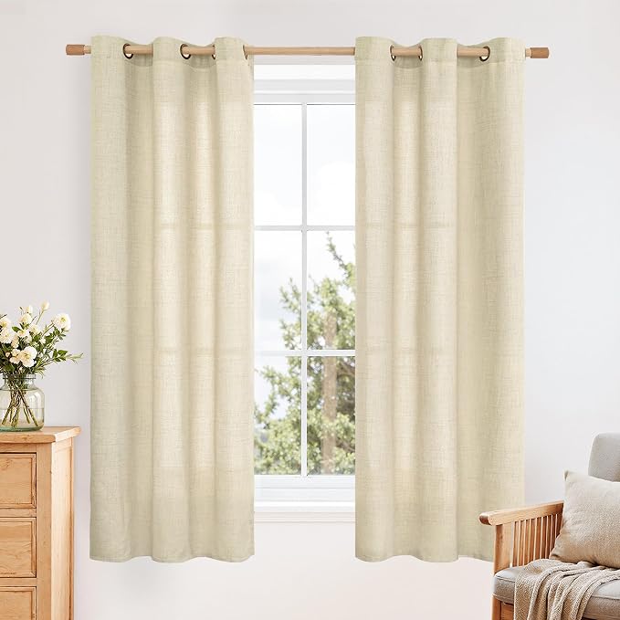 YoungsTex Linen Curtains 63 Inch Length for Living Room, Light Filtering Drapes with Grommet Semi Sheer Rustic for Bedroom Windows, Warm Beige, 2 Panels, 42 X 63 Inch
