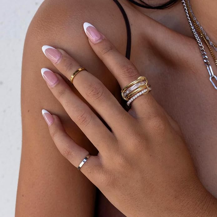 KissYan Stackable Rings for Women, 14k Gold Plate Interlocked Multi Ring Set Dainty Pave CZ Personalized Fashion Two-Toned Mixed Metals Stacking Jewelry Trendy Statement Gift