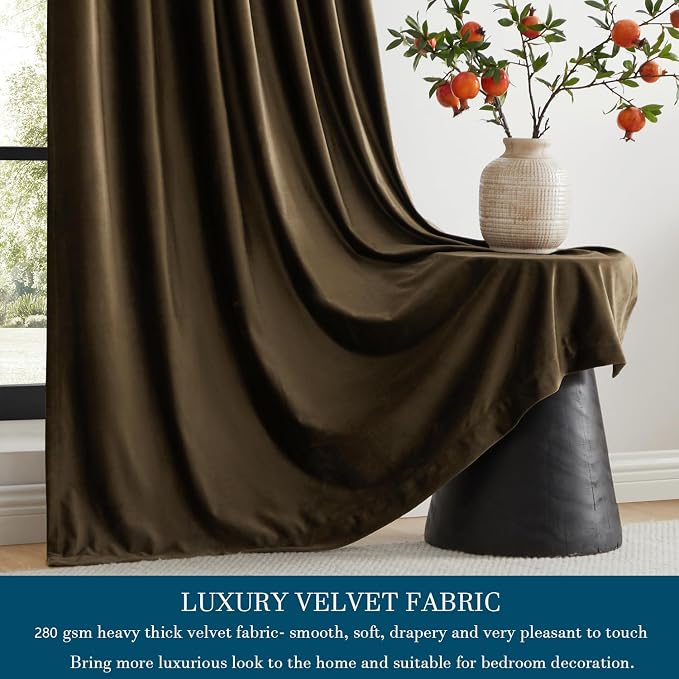 PRIMROSE Brown Velvet Curtains 90 inch Long for Living Room,Set of 2 Panels Blackout Rod Pocket Back Tab Window Treatment Room Darkening Heavy Decorative Curtains Drapes for Bedroom