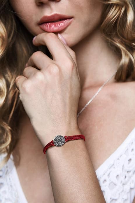 Red String Macrame Prosperity Financial Success & Evil Eye Protection Bracelet with Silver Coin Charm - Gift for new job, long distance relationship gift, new business gift