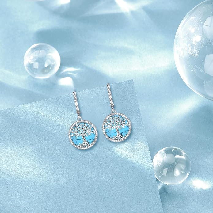 925 Sterling Silver Earrings Tree of Life/Cat/Animal/Turquoise/Moonstone Dangle Drop Earrings for Women Leverback Earring Hypoallergenic Jewelry Gifts
