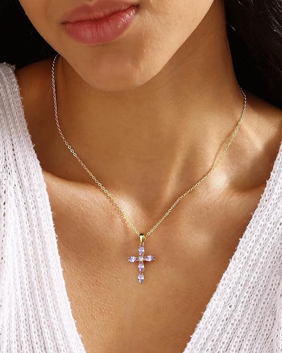 14K Gold Plated 925 Sterling Silver Birthstone Cross Necklace for Women Men