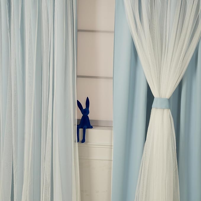 INLINAS 52 x 108 Inch Blackout Curtains with Sheer Overlay - Grommets Thermal and Noise Reduction Panels for Bedroom and Living Room Light Blocking and Energy Saving, Sky Blue, Set of 2