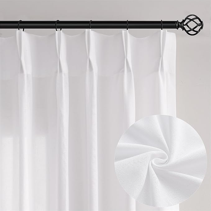 White Pinch Pleat Linen Curtains 84 Inches Long Semi Sheer Track | Textured, Light Filtering Window Curtain, for Living Room Bedroom, 84 Inch Length, Memory Shape, Pleated Drapes, 1 Panel