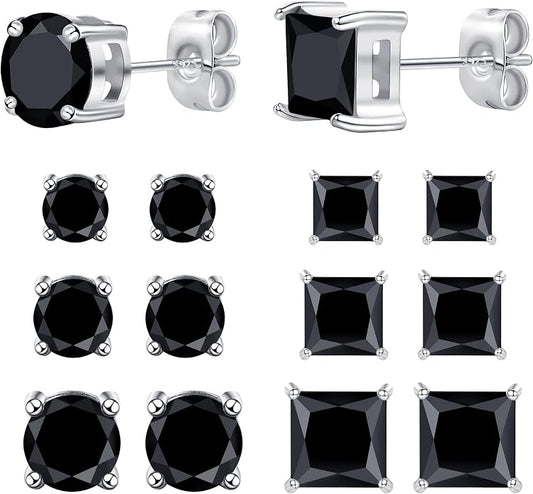 MDFUN 6 Pairs Stud Earrings Set 3mm/5mm/7mm Princess & Round Cubic Zirconia Earrings Hypoallergenic 316L Surgical Stainless Steel CZ Earrings for Women Men