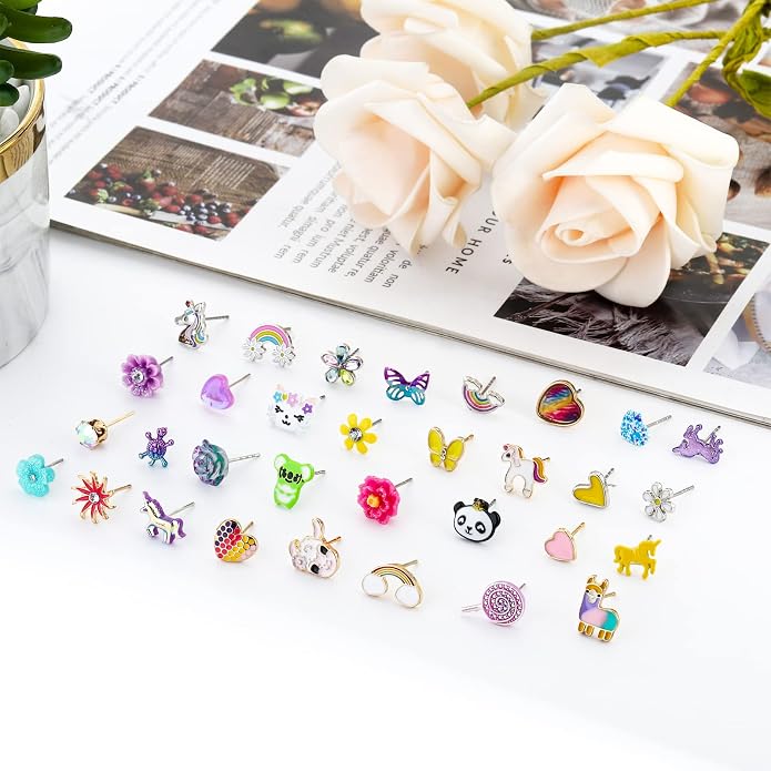 NEWITIN 100 Pairs Colorful Cute Earrings for Girls Sensitive Ears Hypoallergenic Girl Stud Earrings Set Stainless Steel Cartoon Stud for Girls and Women