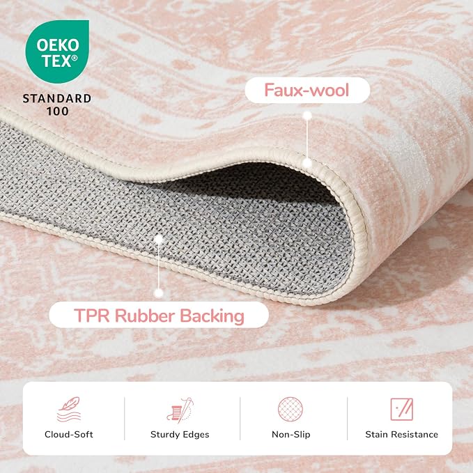 Lessymo 8 x 10 Area Rugs for Living Room, Machine Washable Area Rugs Boho Faux Wool Low Pile Area Rug for Bedroom, Floral Medallion Vintage Rugs with Non-Slip Rubber, Kid & Pet Friendly,Pink