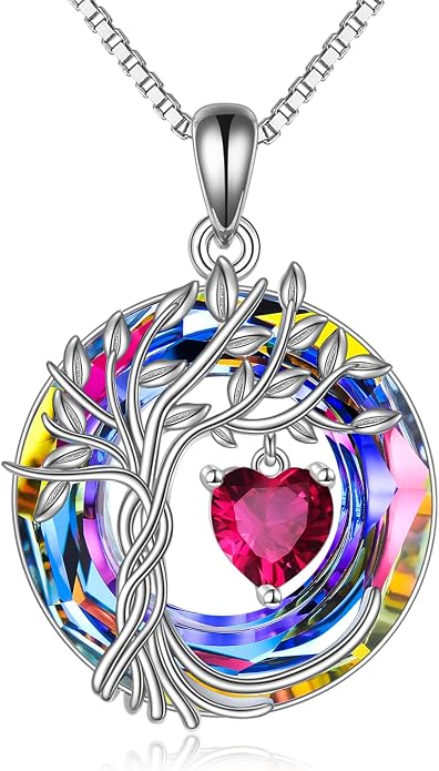 POPLYKE Mothers Day Gifts for Mom Her Wife Tree of Life Necklace 925 Sterling Silver Birthstone Pendant with Crystal Anniversary Birthday Wedding Jewelry for Women