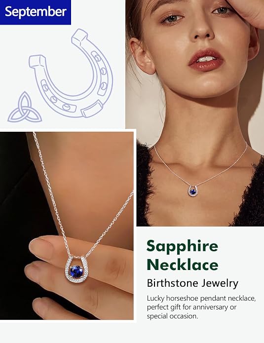 925 Sterling Silver Horseshoe Necklace for Women Round Gemstone Birthstone Necklace Sapphire/Emerald/Ruby/CZ Horse Shoe Pendant Necklaces Jewelry Gift
