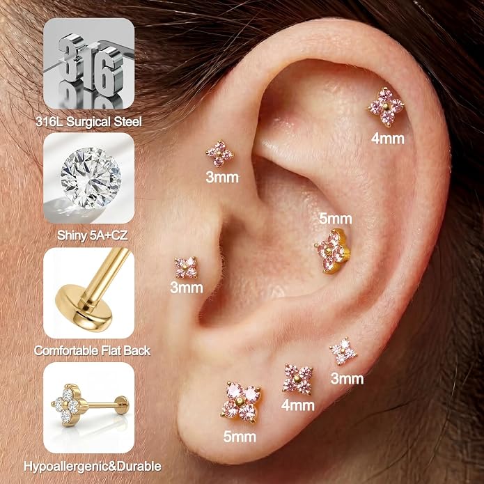 FANSING Short Threadless Cartilage Earring Stackable CZ Birthstone Flat Back Earrings for Women Small Stud Earrings for Tragus Helix Earlobe 18K Gold Plated ‌Rainbow 5.0mm