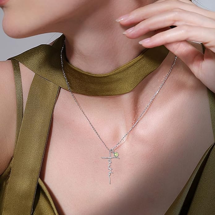 PRAYMOS Faith Cross Necklace for Women 925 Sterling Silver Pendant Necklace With Birthstone Initial Christian Religious Confirmation Baptism Mothers Day Gifts